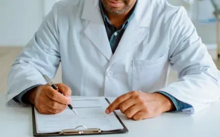 Врач сидит за столом с документами